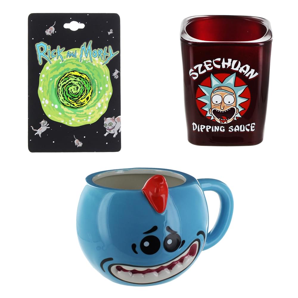 Rick and Morty Portal Pin, Mr. Meeseeks Molded Mug & Szechuan Dipping Sauce Shot Glass Bundle