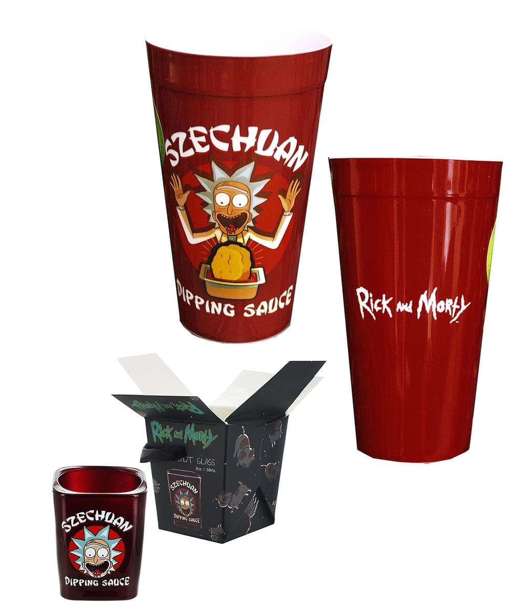 Rick and Morty Szechuan Dipping Sauce Shot Glass and Plastic Cup Bundle
