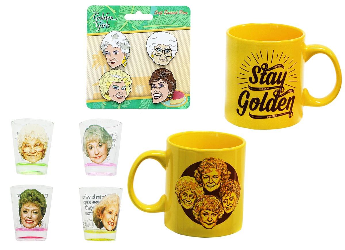The Golden Girls 4-Piece Enamel Pin set, Shot Glass 4-Pack and Coffee Mug Gift Bundle